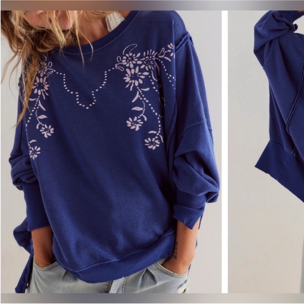 NWOT Free People / We The Free Graphic Camden Sweatshirt - blue floral - M